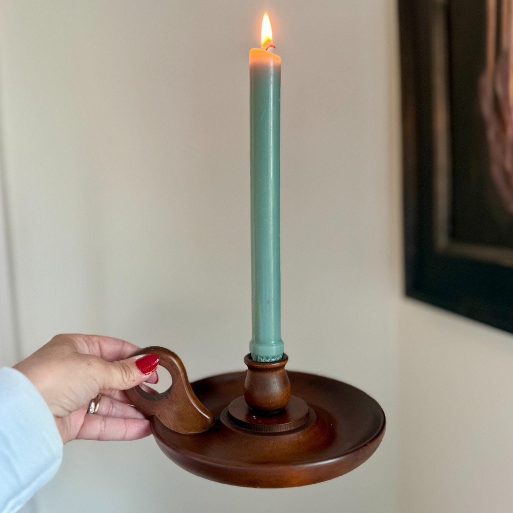Vintage Wooden Chamberstick Candle Holder Primitive Wood Colonial Candlestick